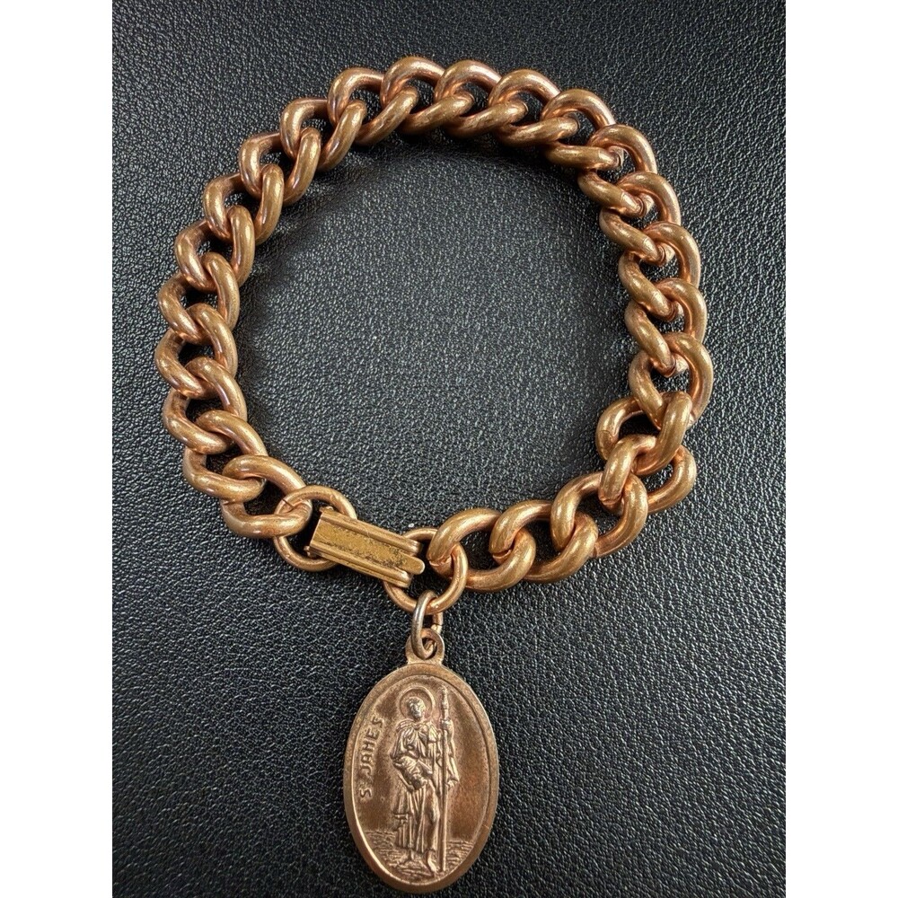Vtg Copper Chain Bracelet 7.25" Chunky Link Patina Heavy St. James Medal Italy